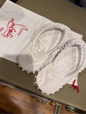 Christian Louboutin White Spike-Trim Flip Flop Sandals